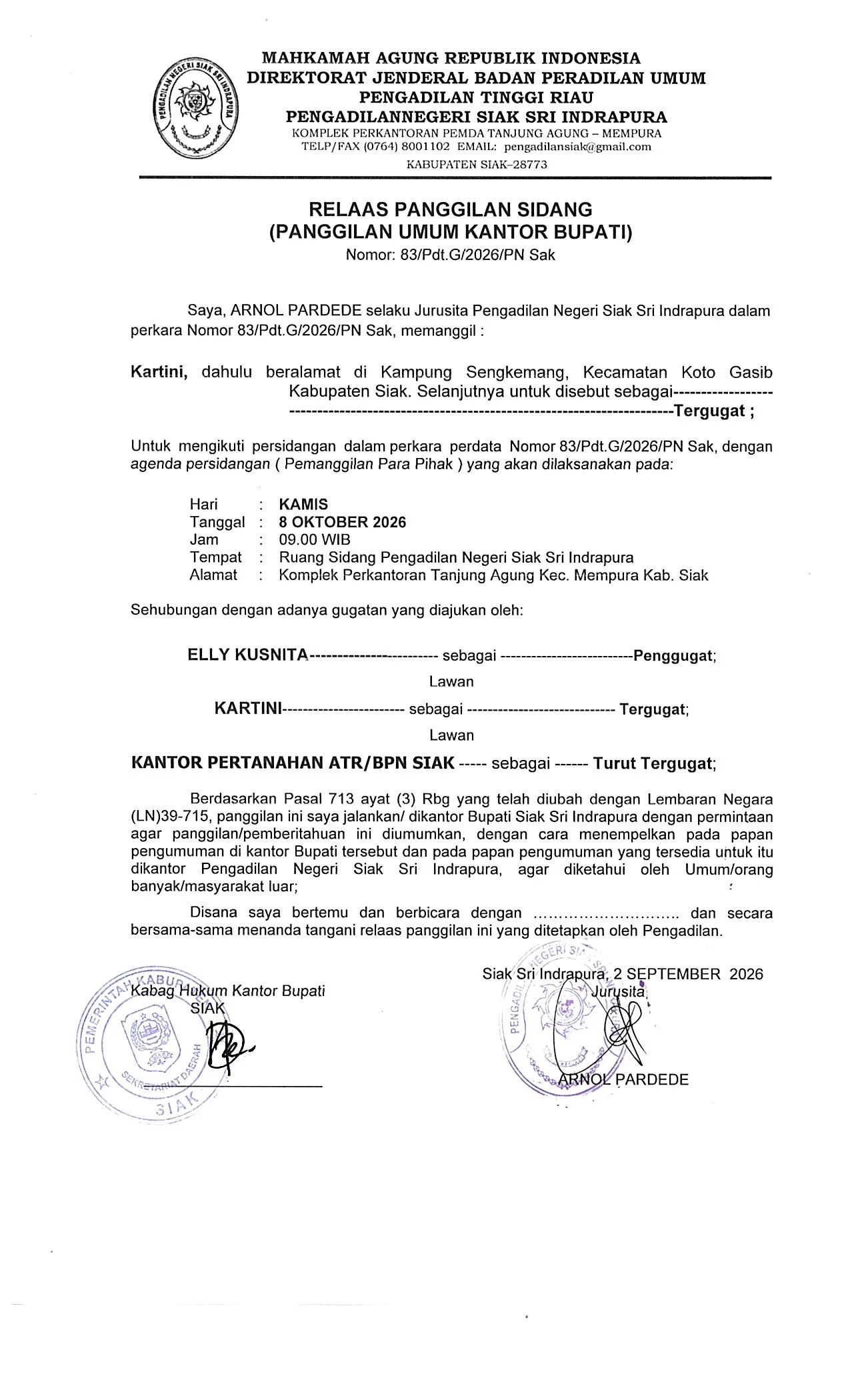 Relaas Panggilan Kepada Tergugat (Secara Umum) untuk nomor Perkara 83/Pdt.G/2026/PN Sak
