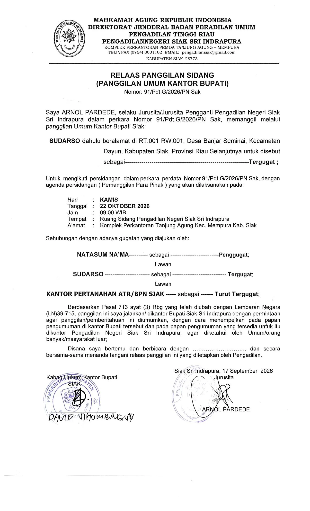 Relaas Panggilan Kepada Tergugat (Secara Umum) untuk nomor Perkara 91/Pdt.G/2026/PN Sak