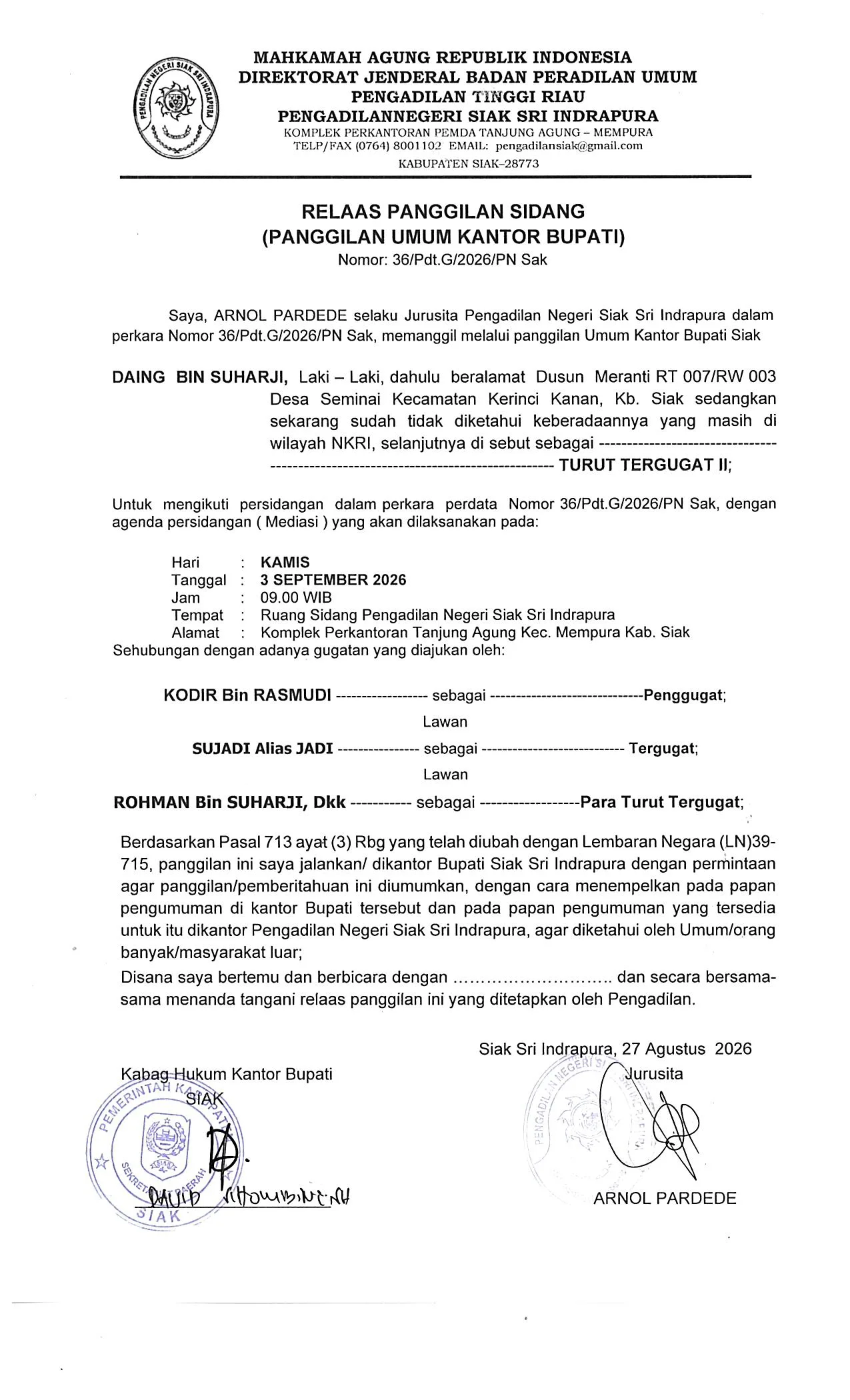 Relaas Panggilan Kepada Tergugat (Secara Umum) untuk nomor Perkara 36/Pdt.G/2026/PN Sak